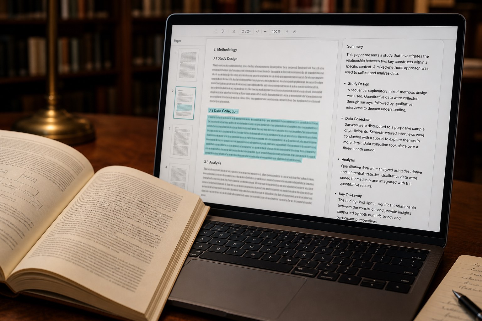 Scientific paper and laptop showing a summarization workspace